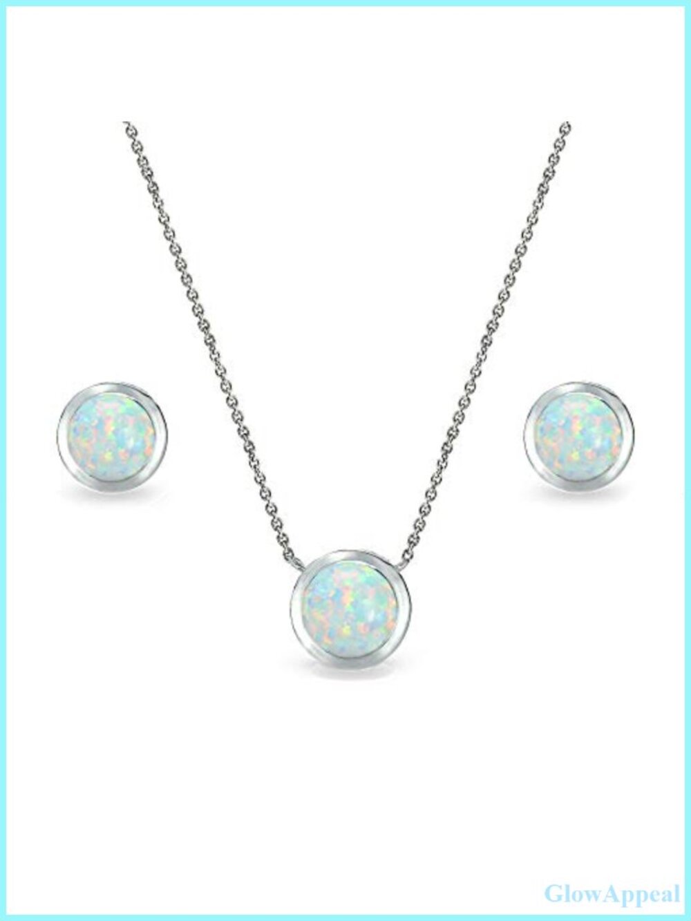 Sterling Silver Bezel Set Synthetic White Opal Necklace & Stud Earrings Set